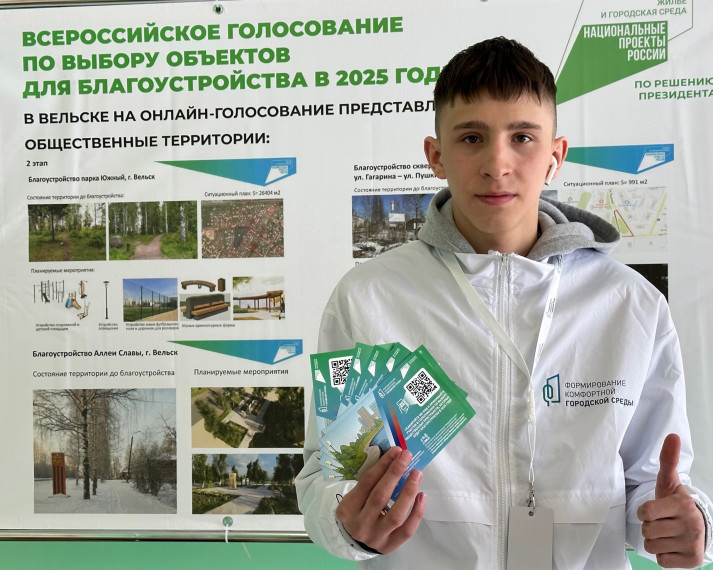 В рамках федерального проекта «Формирование комфортной городской среды» второй день проходит голосование за объекты благоустройства. Волонтеры активно помогают вельчанам проголосовать за территорию, которая будет приведена в порядок в 2025 году.. В рамках федерального проекта «Формирование комфортной городской среды» второй день проходит голосование за объекты благоустройства. Волонтеры активно помогают вельчанам проголосовать за территорию, которая будет приведена в порядок в 2025 году..