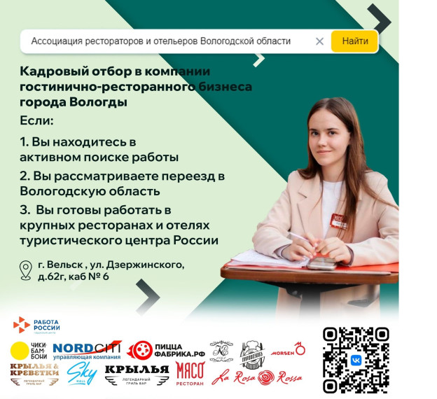 11 октября с 11 до 13 часов Ассоциация отельеров и рестораторов Вологодской области проводит для жителей города Вельска и Вельского района открытый кадровый отбор.. 11 октября с 11 до 13 часов Ассоциация отельеров и рестораторов Вологодской области проводит для жителей города Вельска и Вельского района открытый кадровый отбор..